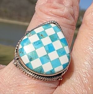 Opal Turquoise Checkerboard Ring in 925 Sterling Silver (7.5 fits like 7)